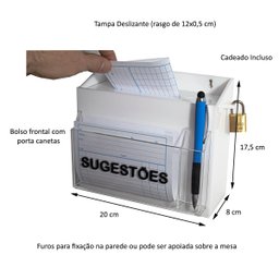 Urna Caixa Sugestões e Reclamações Acrílico Branca e Cadeado Centauri Acrílicos UCSR-B01 - 3