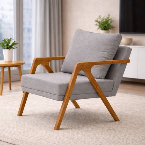 Poltrona Mona Pés de Madeira Linho Sala Escritorio Decoração:cinza