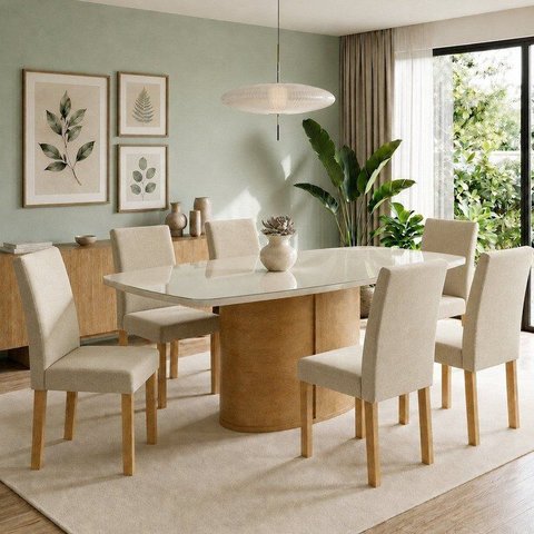 Conjunto de Mesa de Jantar 6 Lugares 180x90cm com Vidro e Cadeiras Diana Cinamomo Off White