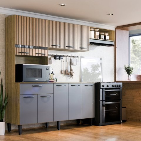 Armário de Cozinha Completo 10 Portas com Nicho Dora em MDF Cinza