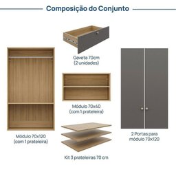 Guarda-Roupa 2 Módulos 2 Portas 3 Prateleiras 2 Gavetas Frame CabeCasa MadeiraMadeira - 4