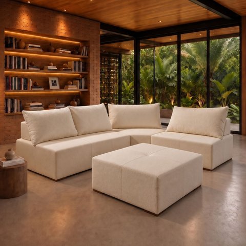 Sofá de Canto Modulado com Puff e Base Madeira Maciça 270CMX220CM Lisboa