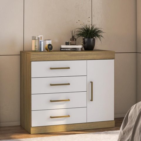 Cômoda 4 Gavetas 1 Porta Romênia Marrom/Branco - Mademovel