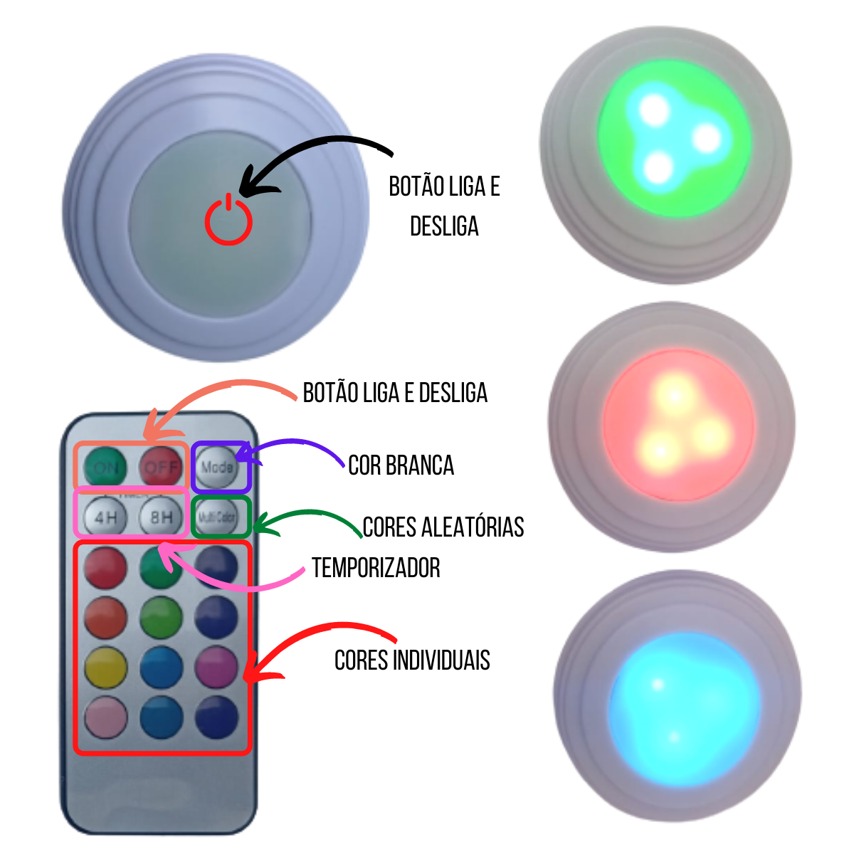 Kit 3 Spots Luminárias Lâmpadas Redondas Sem Fio RGB Coloridas Multicolor Led Com Controle Remoto Pa - 3