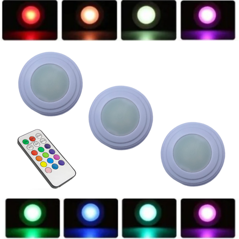 Kit 3 Spots Luminárias Lâmpadas Redondas sem Fio Rgb Coloridas Multicolor Led com Controle Remoto Pa