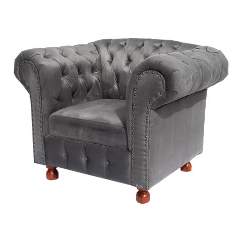 Poltrona Luiz XV Chesterfield Capitone Suede Cinza Camurca