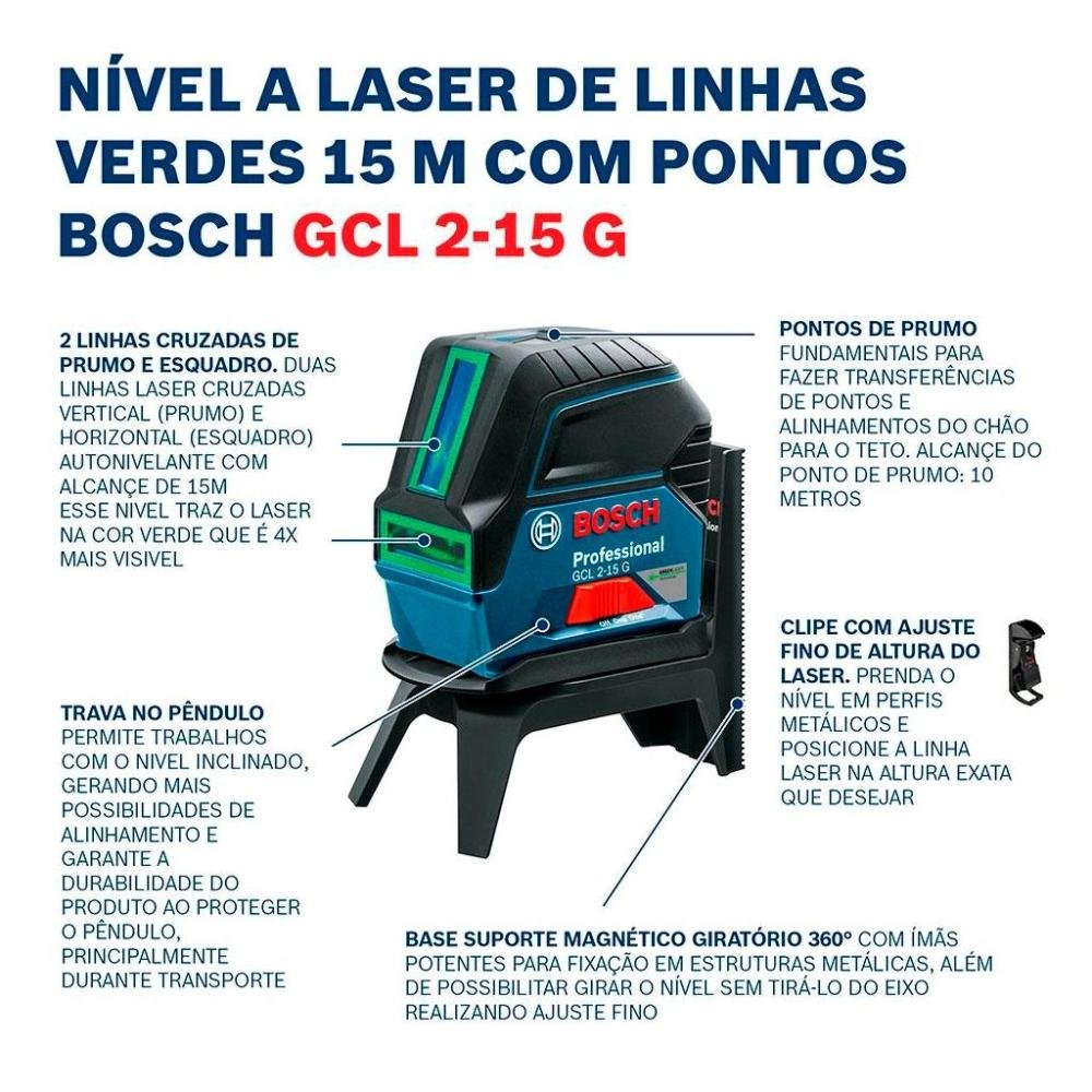 Nível Laser Verde Bosch Gcl 2-15 G 15m com Pontos de Prumo - 6