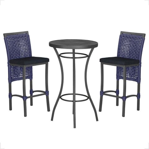 Mesa Bistro e 2 Banquetas Roma Preta Corda Náutica 12 Azul