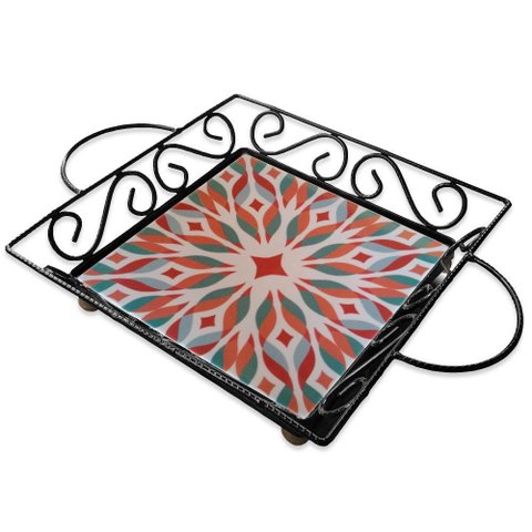 Fruteira de Mesa Bandeja Ferro e Azulejo Quadrada Premium Cozinha Azulejo G1