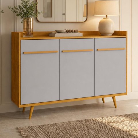 Aparador Buffet para Sala de Jantar 3 Portas 135cm Pés Palito Moscou B02 Naturalle Off White - Lyam