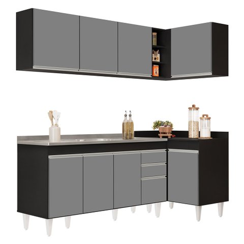 Armário de Cozinha Modulado de Canto Esquerdo 4 Peças Cp51 com Pia Inox Preto/cinza - Lumil Lumil Mó