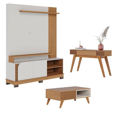 Estante Home Theater Jurerê 1.5 Off White Matte Freijó com Mesa de Centro Jeri Freijó Off White e