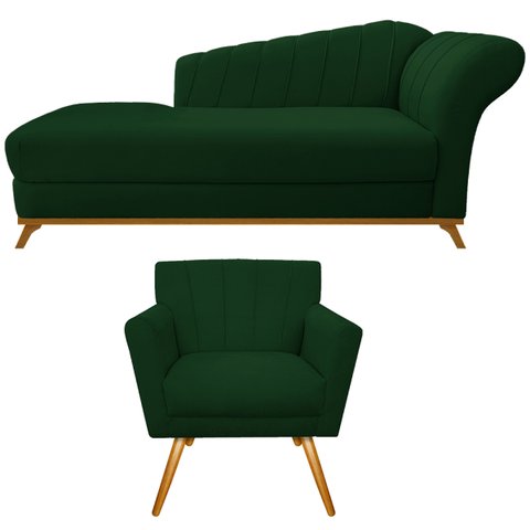 Kit Diva Recamier Vanessa 185cm Lado Esquerdo e 01 Poltrona Laura Suede Doce Sonho Móveis Verde