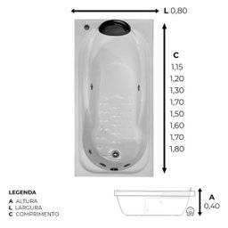 Banheira Retangular Paraty Combate com Hidro em Acrílico - 1.60x0.80x0.40 - 220v - 3