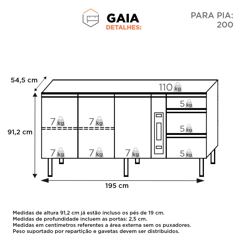 Gabinete de Cozinha para Pia 200 em Aço Gaia 3 Portas Branco - Cozimax - 7