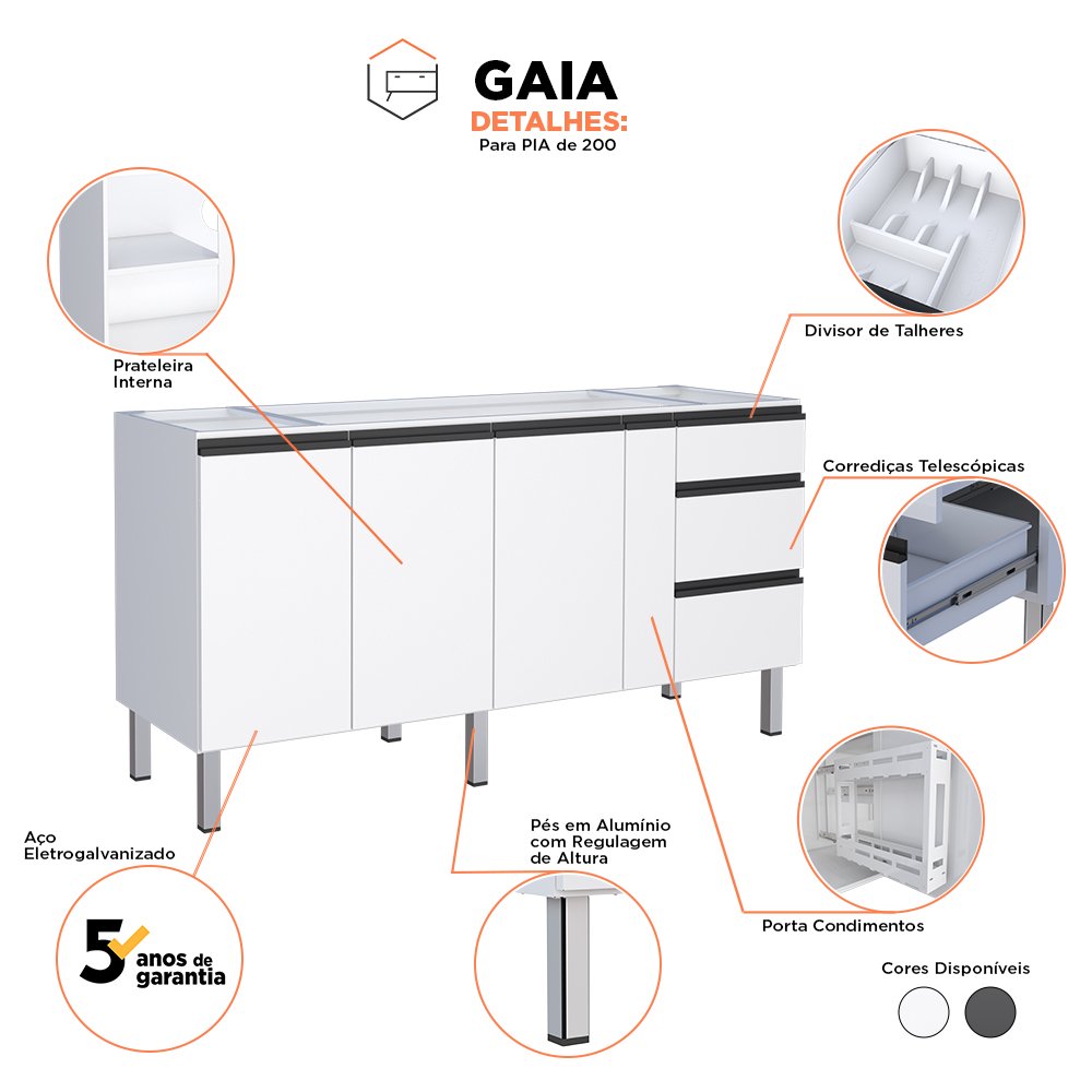 Gabinete de Cozinha para Pia 200 em Aço Gaia 3 Portas Branco - Cozimax - 5