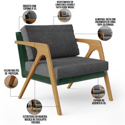 Kit 04 Poltronas Decorativas Sala Estar Pietra L02 Facto Verde Musgo Linho Cinza Escuro - Lyam - 4