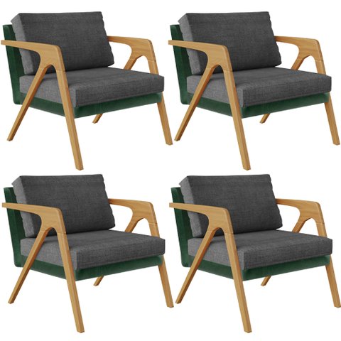 Kit 04 Poltronas Decorativas Sala Estar Pietra L02 Facto Verde Musgo Linho Cinza Escuro - Lyam