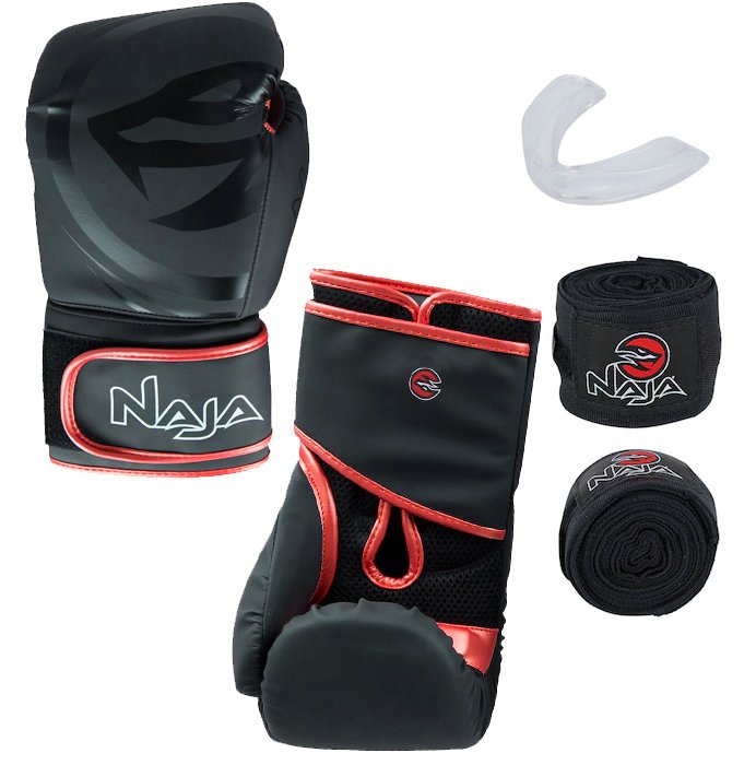 Kit Luva de Boxe Naja Black + Protetor Bucal + Bandagem - Preta/Vermelha - 10 Oz - 1