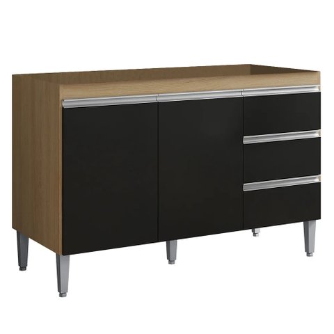 Balcão P/ Pia Gabinete Andréia 100cm 2 Portas 3 Gavetas:amêndoa/preto