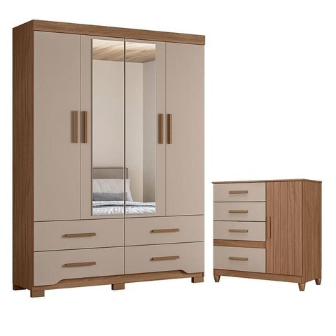 Guarda Roupa Solteiro Miami e Cômoda Vênus com Pés Carvalho Fendi – Moval