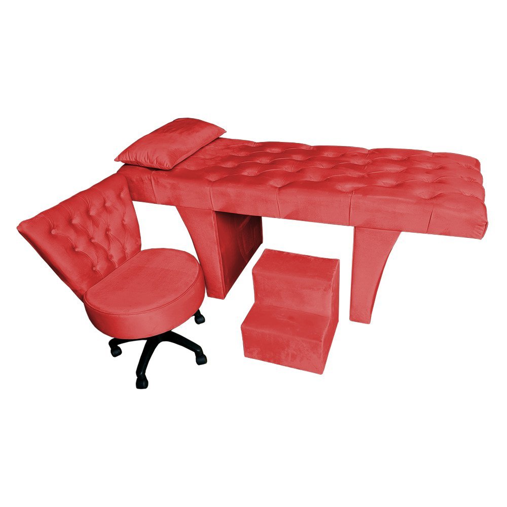 Kit Maca Estética Capitonê com Mocho e Escadinha 80 Cm Bege Slk Decor Reta Vermelho