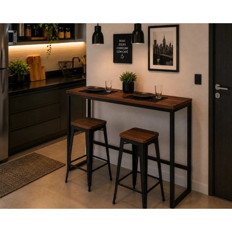 Mesa Jantar Aparador Bancada Alta Industrial 180x80cm Tampo Marrom Pés Preto