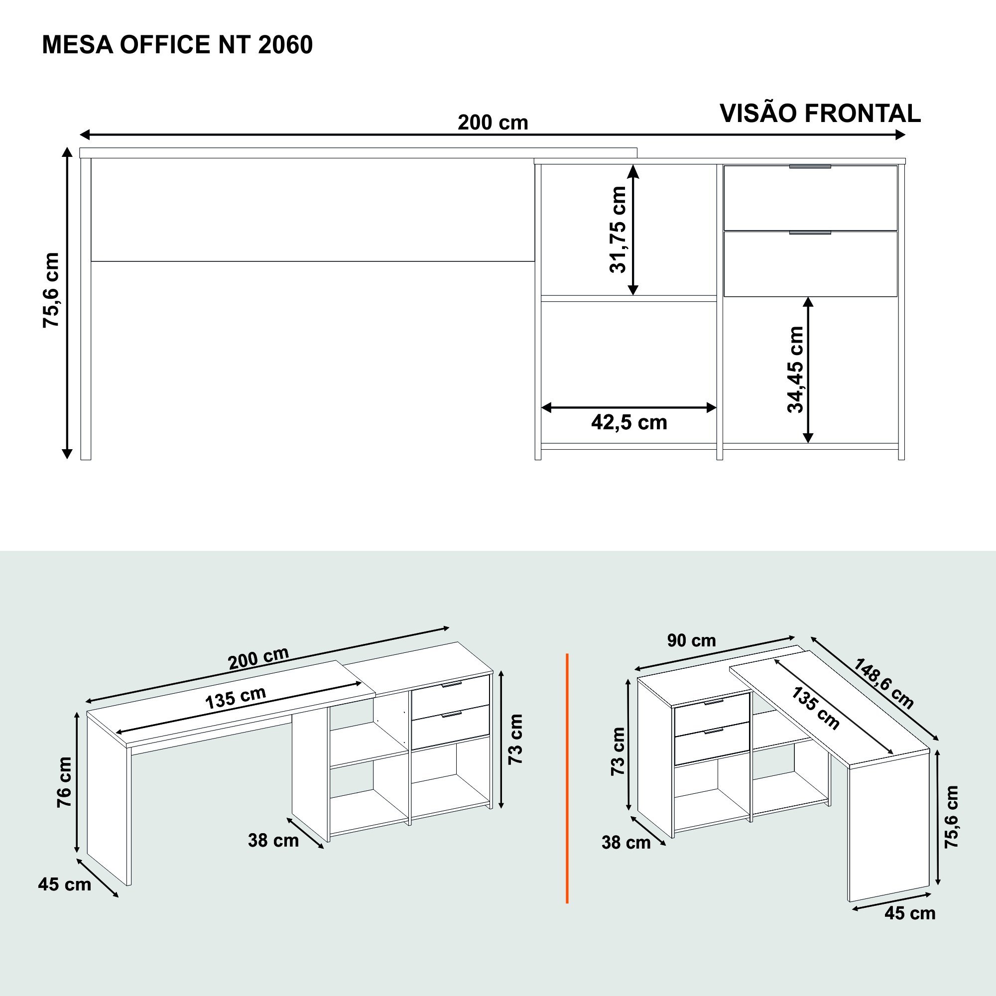 Mesa de Escritório 2 em 1 Office Nt 2060 Nogal Notável - 4