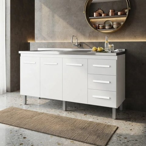 Balcão Armário Cozinha Gabinete para Pia 1,40m Carina com 3 Portas e 3 Gavetas - Branco