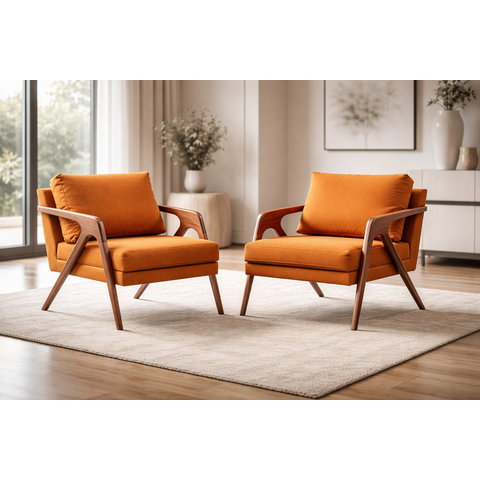 Conjunto de Poltronas com Almofada Modelo Mona Linho Pés Madeira Maciça:terracota