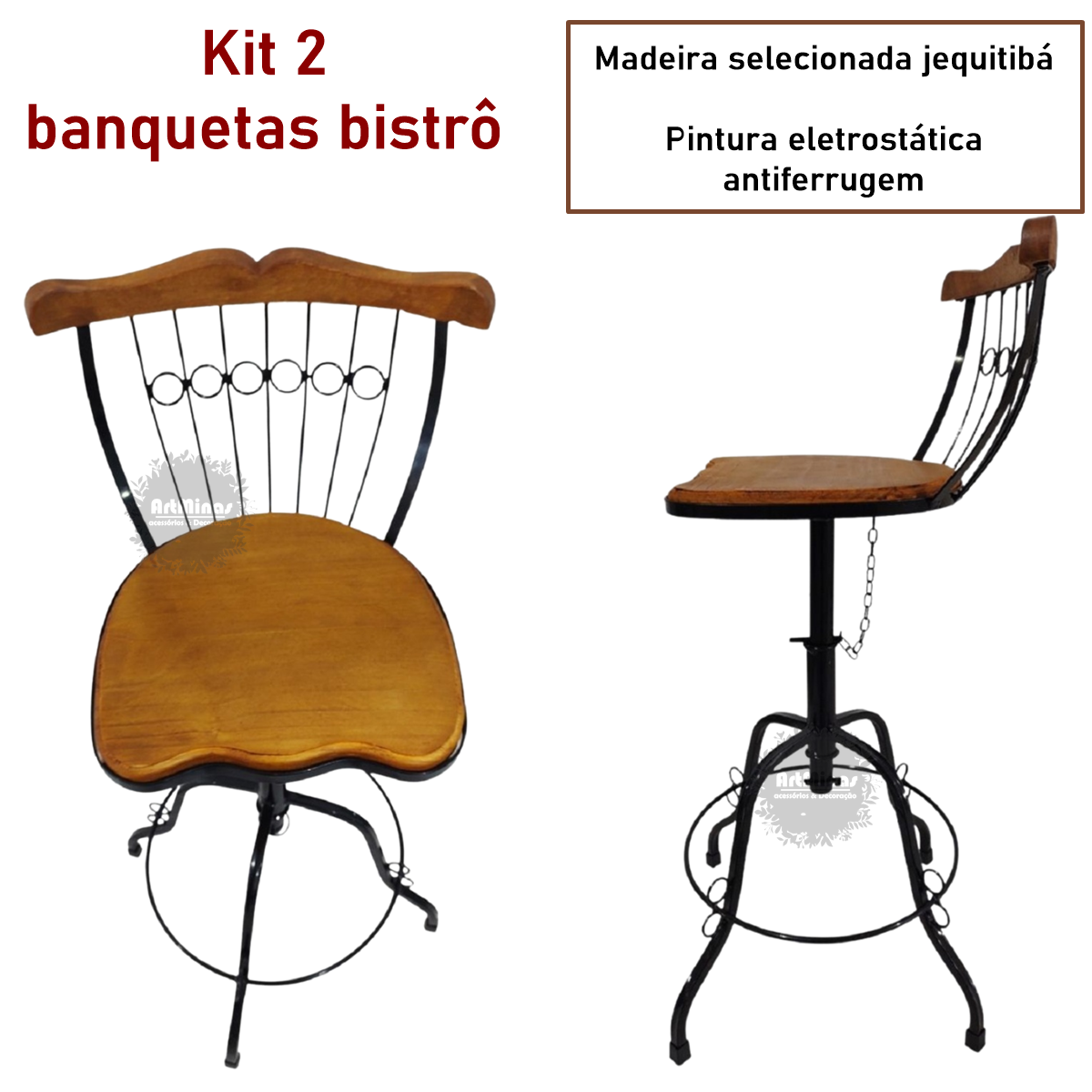 kit 2 banquetas giratória e regulável artesanal ferro madeira - 3