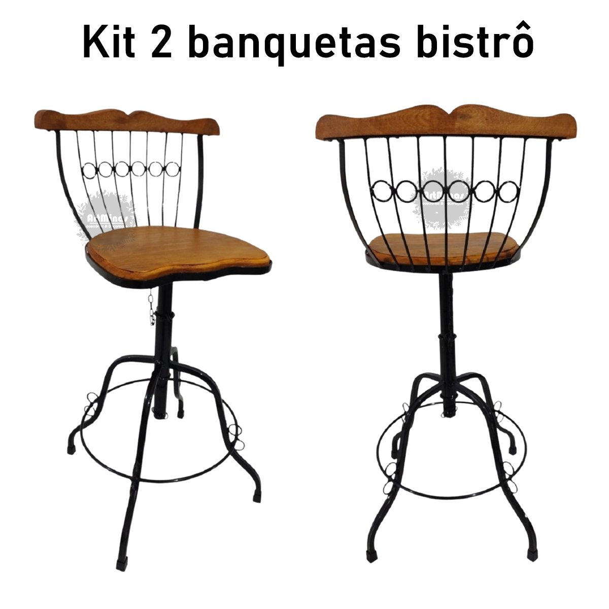 kit 2 banquetas giratória e regulável artesanal ferro madeira - 4