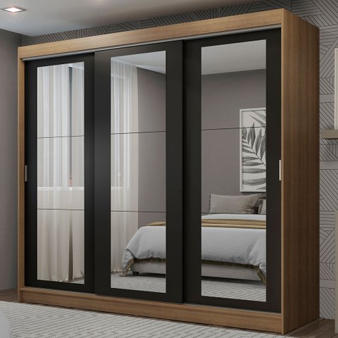 Guarda-Roupa Casal Madesa Kansas 3 Portas de Correr de Espelho 3 Gavetas Rustic/Preto Cor:Rustic/Pre