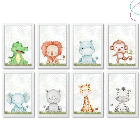 Kit 8 Quadros Decorativos Infantil Safari Baby: Branca