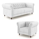 Ver imagem 2 de Conjunto Sala de Estar 1 Sofá Living 180cm e 1 Poltrona Stanford Chesterfield Pés Madeira Couro Bran