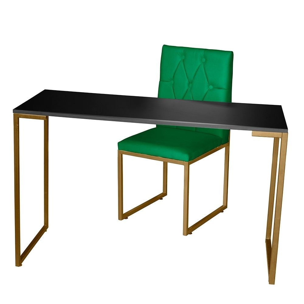 Kit Home Office Mesa Para Escritorio com Cadeira Malta Ferro Dourado Suede Verde - Móveis Mafer