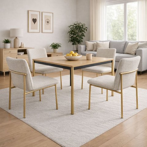 Conjunto de Jantar 4 Cadeiras Lisa Estofada em Linho Pé Dourado Acetinado