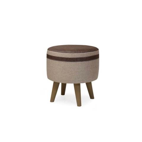 Puff Redondo Tecido Bege Linho Corino Faixa Marrom Pés Palito Plástico Macio Elegante Moderno Decora