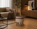 Ver imagem 2 de Puff Redondo Tecido Bege Linho Corino Faixa Marrom Pés Palito Plástico Macio Elegante Moderno Decora
