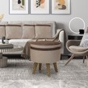 Ver imagem 3 de Puff Redondo Tecido Bege Linho Corino Faixa Marrom Pés Palito Plástico Macio Elegante Moderno Decora