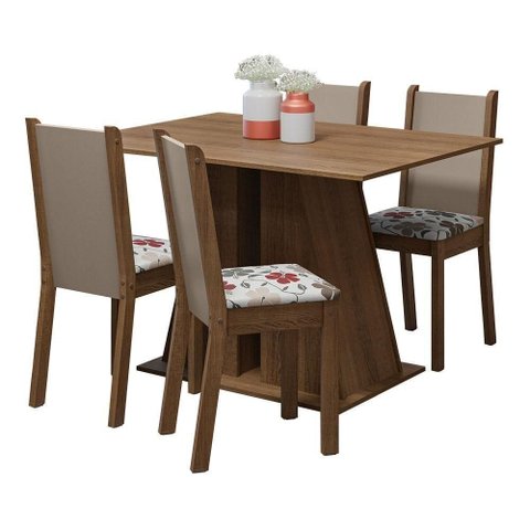 Conjunto Sala de Jantar Mesa Tampo de Madeira 4 Cadeiras Rustic/hibiscos Sophie Madesa
