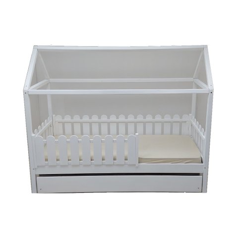 Bicama Solteirão Casinha Montessoriana Madeira Maciça Pinus - Branco - Grade Cercadinho Completa