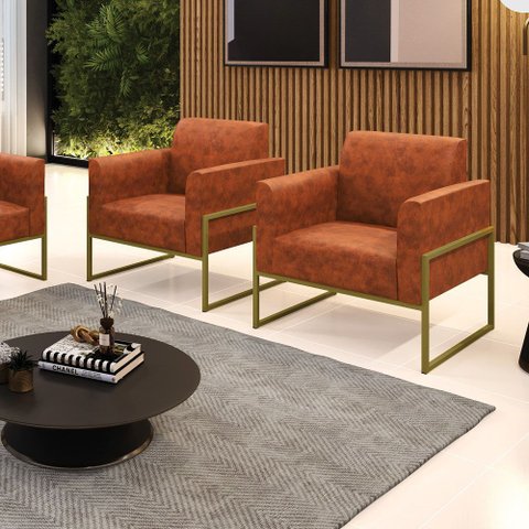 Poltrona Sala Decorativa Kit 2 Marisa Industrial Alta Dourada Sintético Pu D03 - D’Rossi