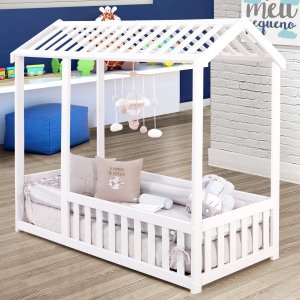 Cama Infantil Montessoriana com Grade Bruna Branco Com Colchão