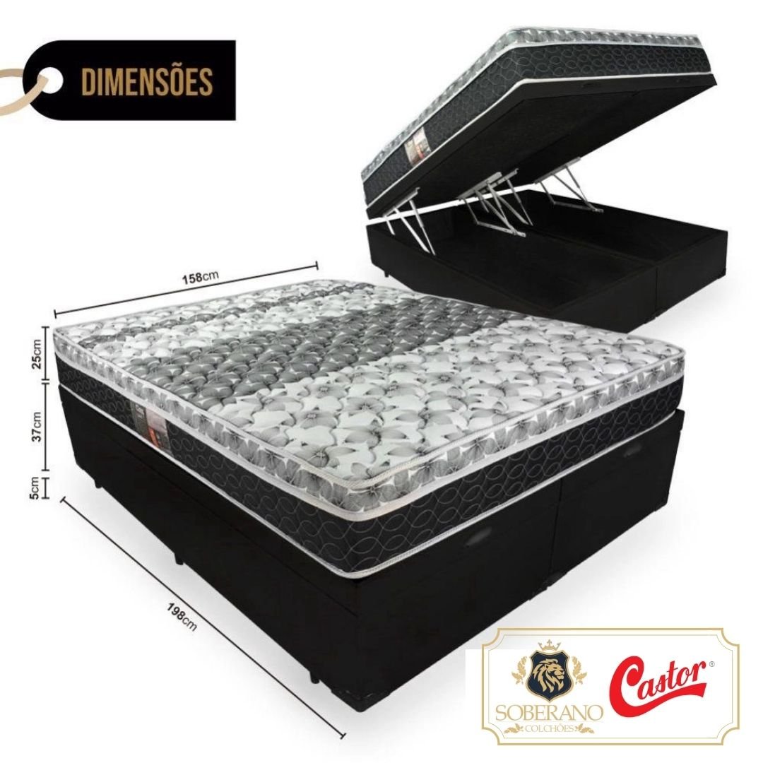 Cama Box com Baú Queen + Colchão de Molas - Castor - Class Tecnopedic One Face 158x198x67cm:preto - 2