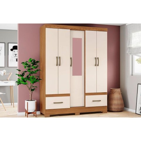 Guarda Roupa Solteiro 5 Portas e 2 Gavetas C/ Espelho e Pés Briz B60 Nature/off White - Henn
