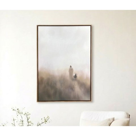 Quadro Jesus Pastor Canvas Fosco Espiritualidade 90x60 Moldura Fluante Cerejeira Salas de Jantar