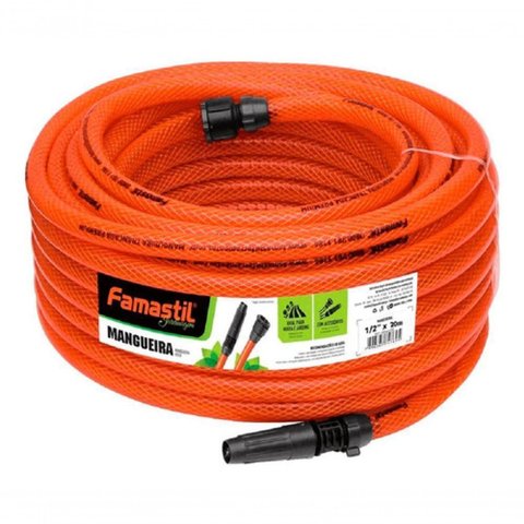Mangueira para Jardim 20m Trançada Kit com Esguicho e Conector Laranja Famastil