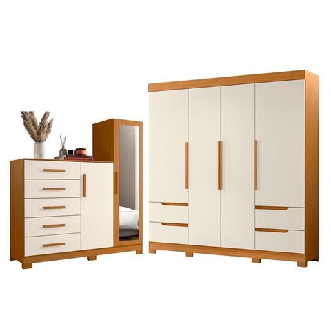Guarda Roupa Solteiro Vivacce 04 Portas e Cômoda New Master Cinamomo Off White - Móveis Albatroz