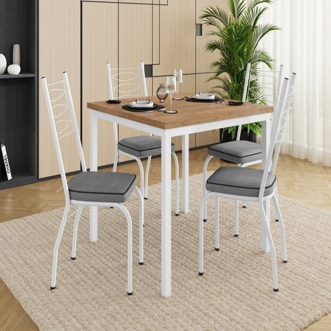 Conjunto Sala de Jantar Mesa Quadrada 90cm Tampo BP com 4 Cadeiras Adriana Branco/Platina/Demolição